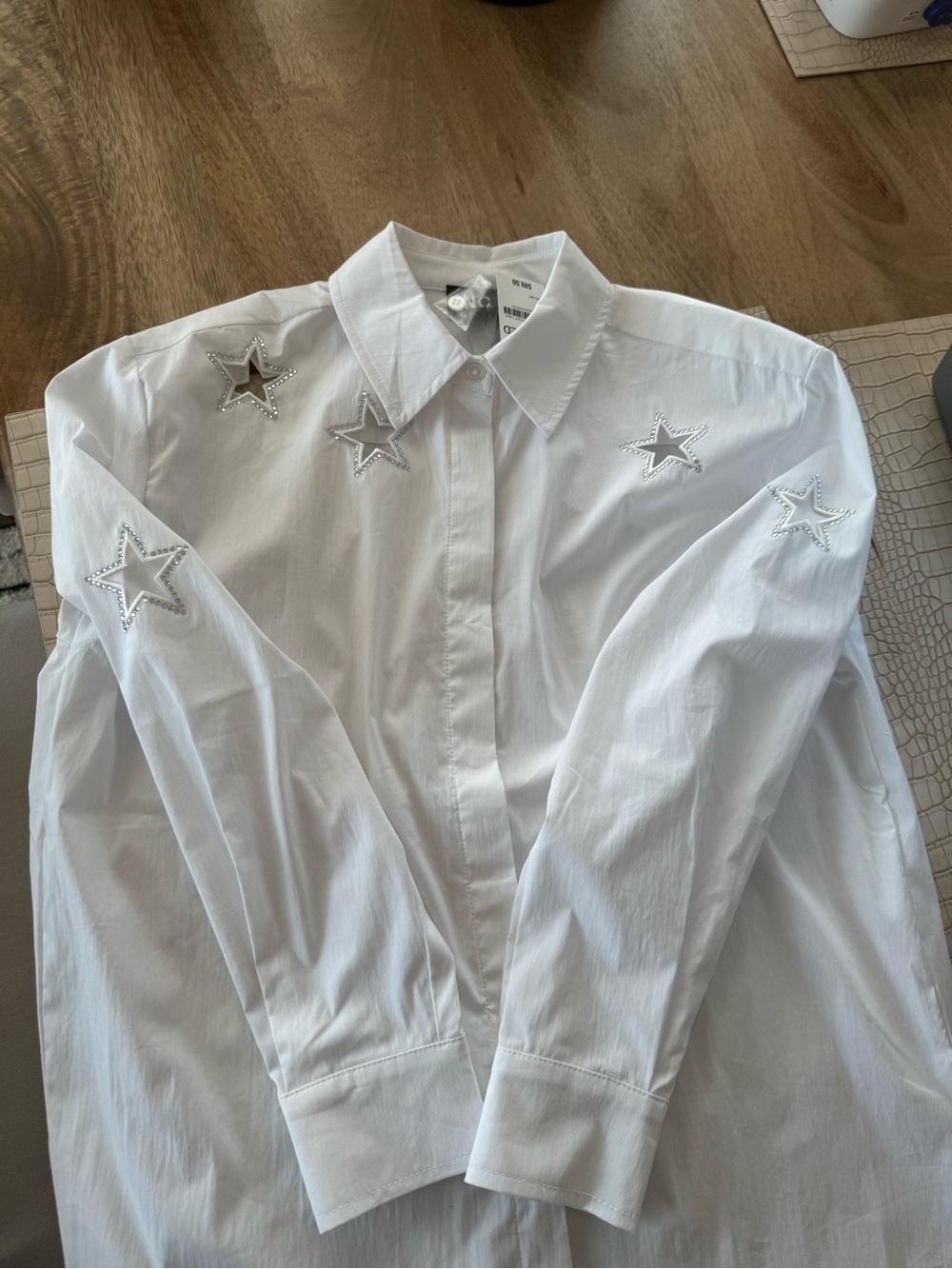 NWT INC International White Button-Up Shirt with Star Embroidery